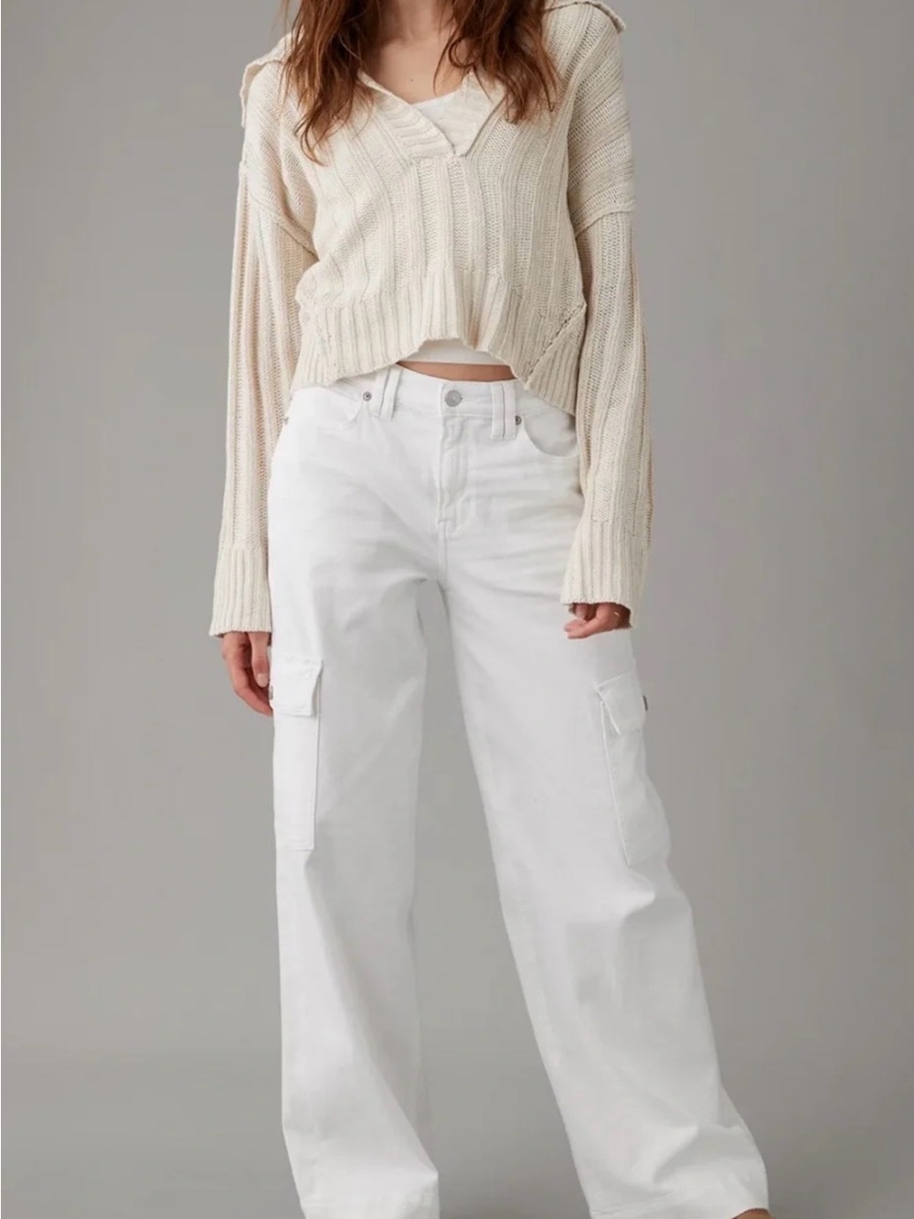 American Eagle NWT White Super High-Rise Baggy Wide Leg Cargo Jeans Size 8 REG